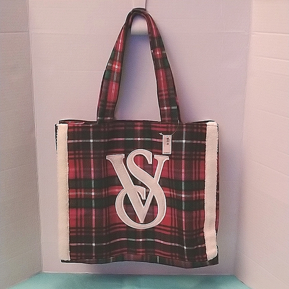 BNWT Victoria's Secret Red Plaid Print Snap Closure Tote Bag - Picture 1 of 14